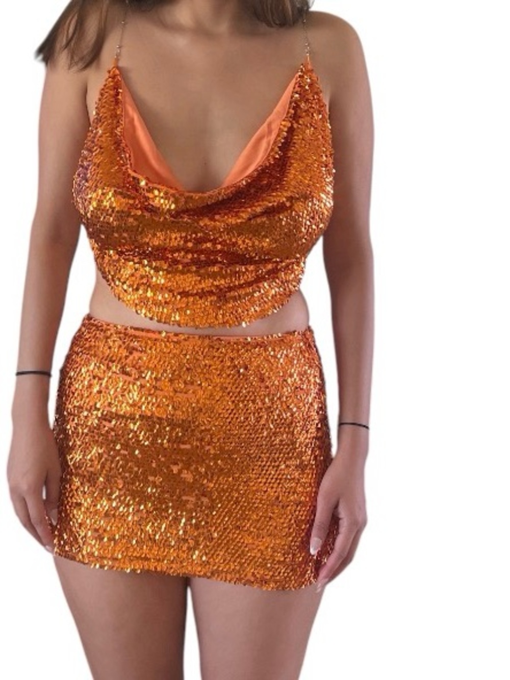 Fashion Nova Orange Sequin 2 Piece Set Cowl Neck Crop Top & Mini Skirt S